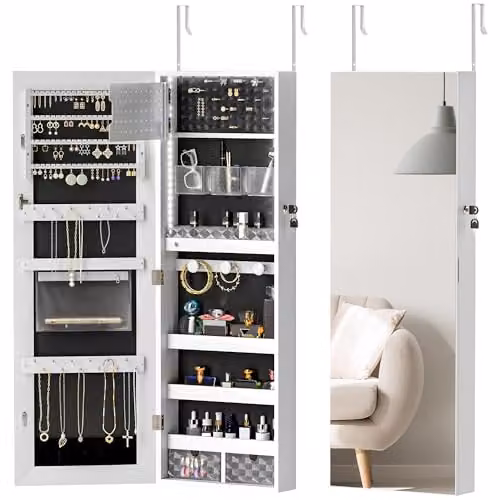HOMCOM Modern Wall Mounted Jewellery Cabinet with Mirror, LED Lighting and Lock, White and Black, H 108 x W 37 x D 10.5 cm
