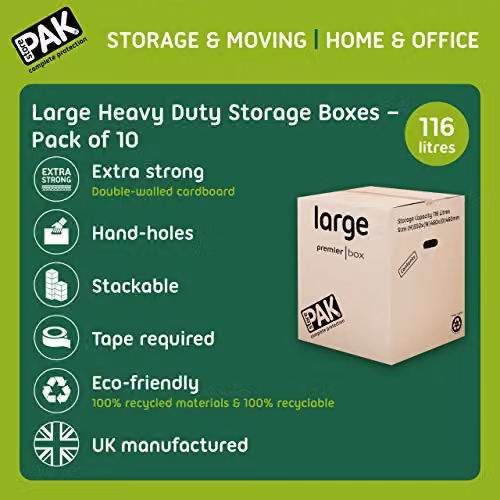 StorePAK Heavy Duty Large Storage and Moving Boxes, 107 Litres, Brown, Pack of 10, H54.0 x W44.6 x D44.6 cm – 3