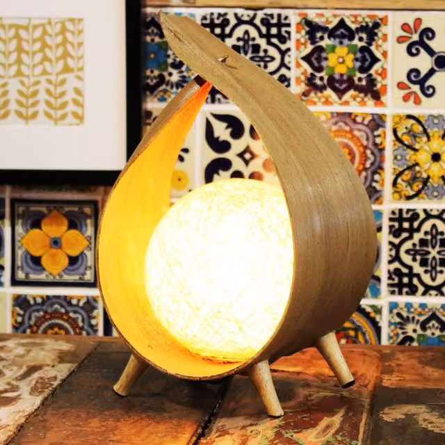 KDMK Natural Coconut Shell Loop Lamp in Brown and Yellow with Warm White Light