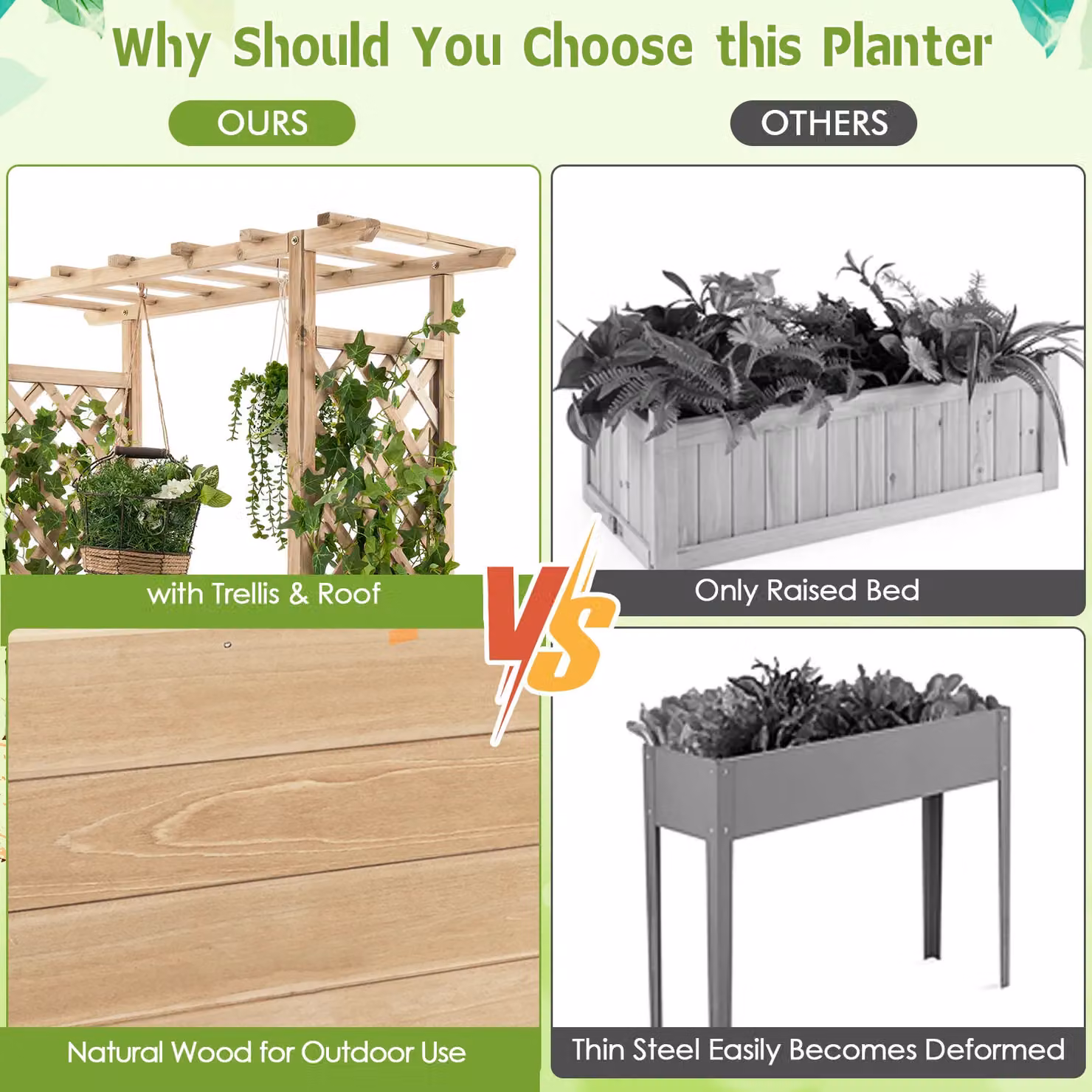 Costway Natural Wooden Raised Garden Bed and Vertical Plant Container for Climbing Plants, W: 44 cm, D: 44 cm, H: 113 cm – 6