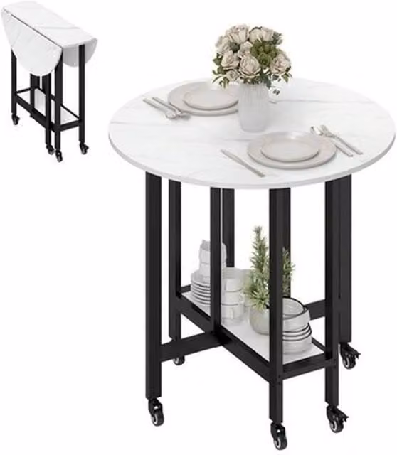 NESTLUNE White Drop Leaf Folding Dining Table with Marble Effect Top