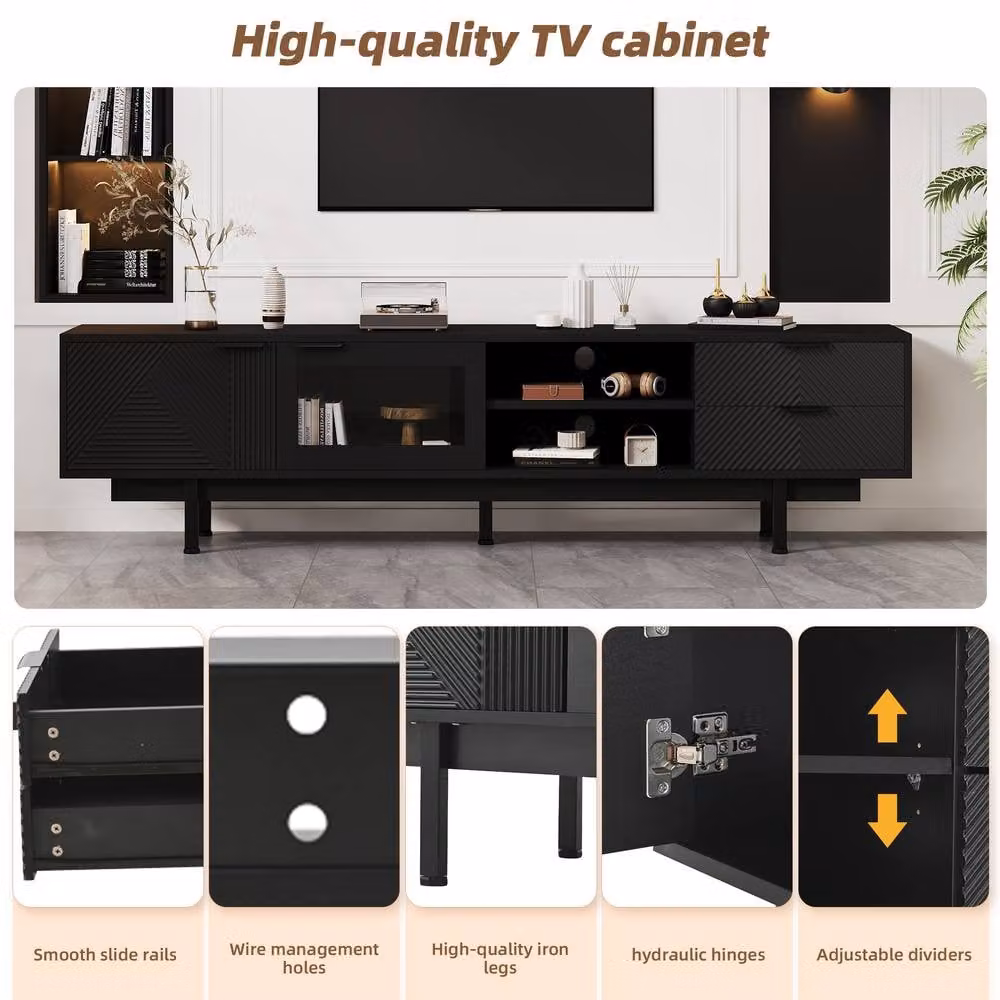 BTM Minimalist Black Matt TV Cabinet with Two Doors and Two Drawers W: 200 cm, D: 40 cm, H: 50.5 cm – 5