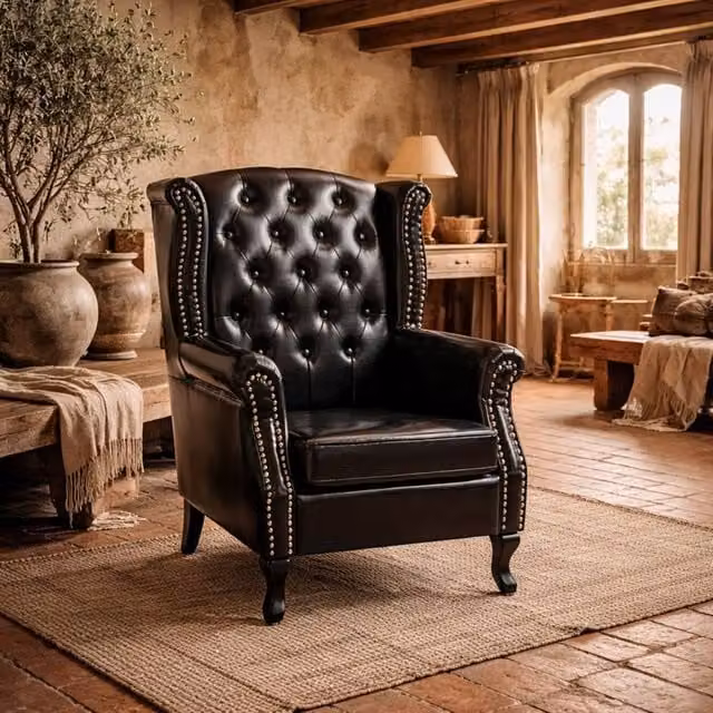 Wyld Haus Nana Bafa Black Synthetic Leather Wingback Chesterfield Accent Chair with Solid Wood Frame – 1