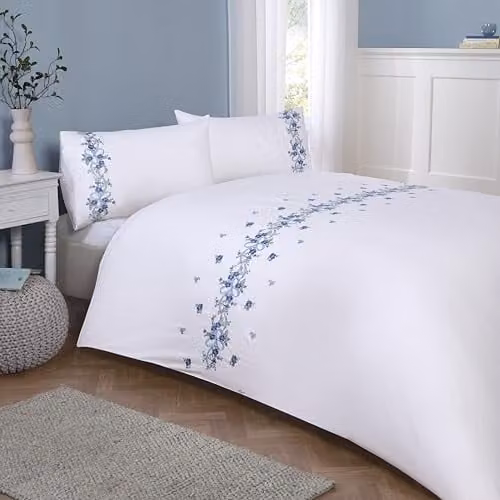 Rapport Home Floral Ribbon Polycotton Duvet Cover and Pillowcase Set in White, W/D/H: 200 x 200 cm with 50 x 75 cm Pillowcase
