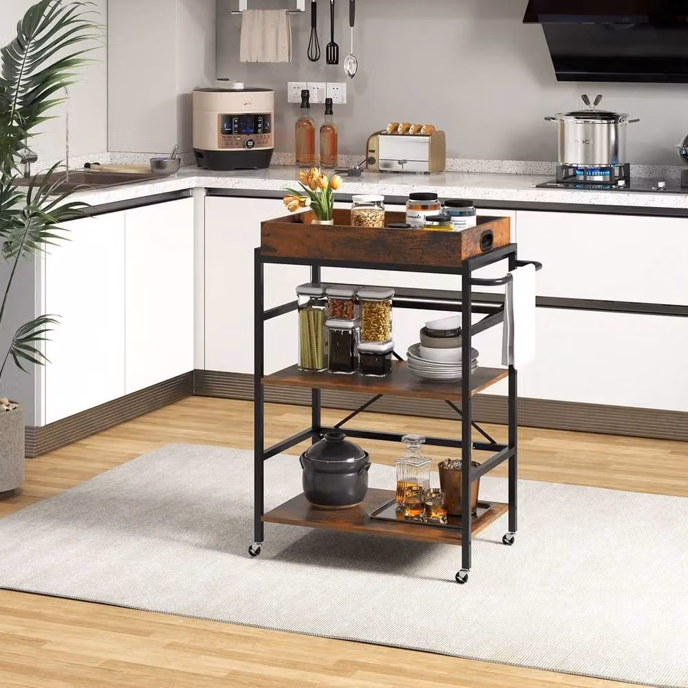 VOGREX Industrial 3-Tier Metal Bar Cart Serving Trolley in Brown with Lockable Casters – 4