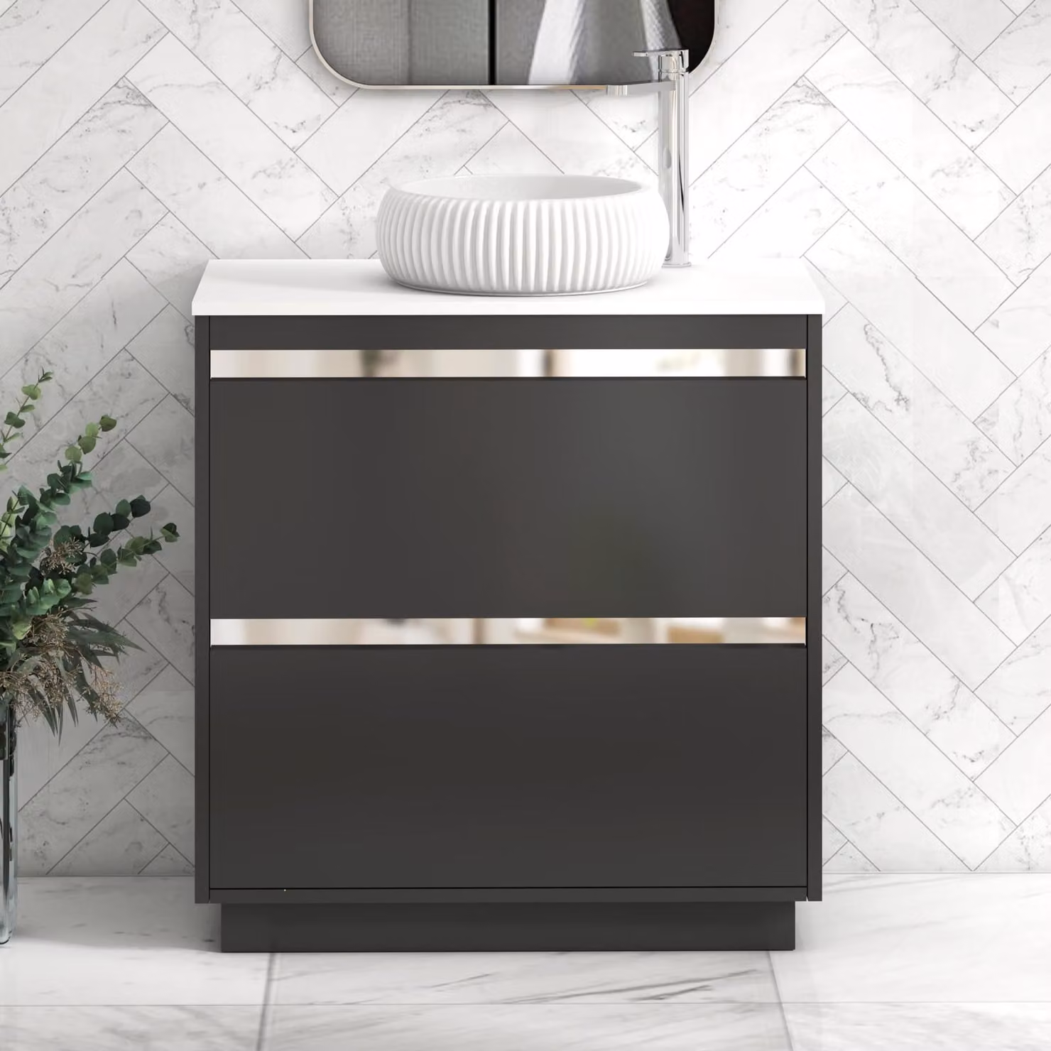 Royal Bathrooms Orion 800mm Matt Obsidian Black Floor Standing Vanity Unit with White Milan Stone Basin and 2 Drawers