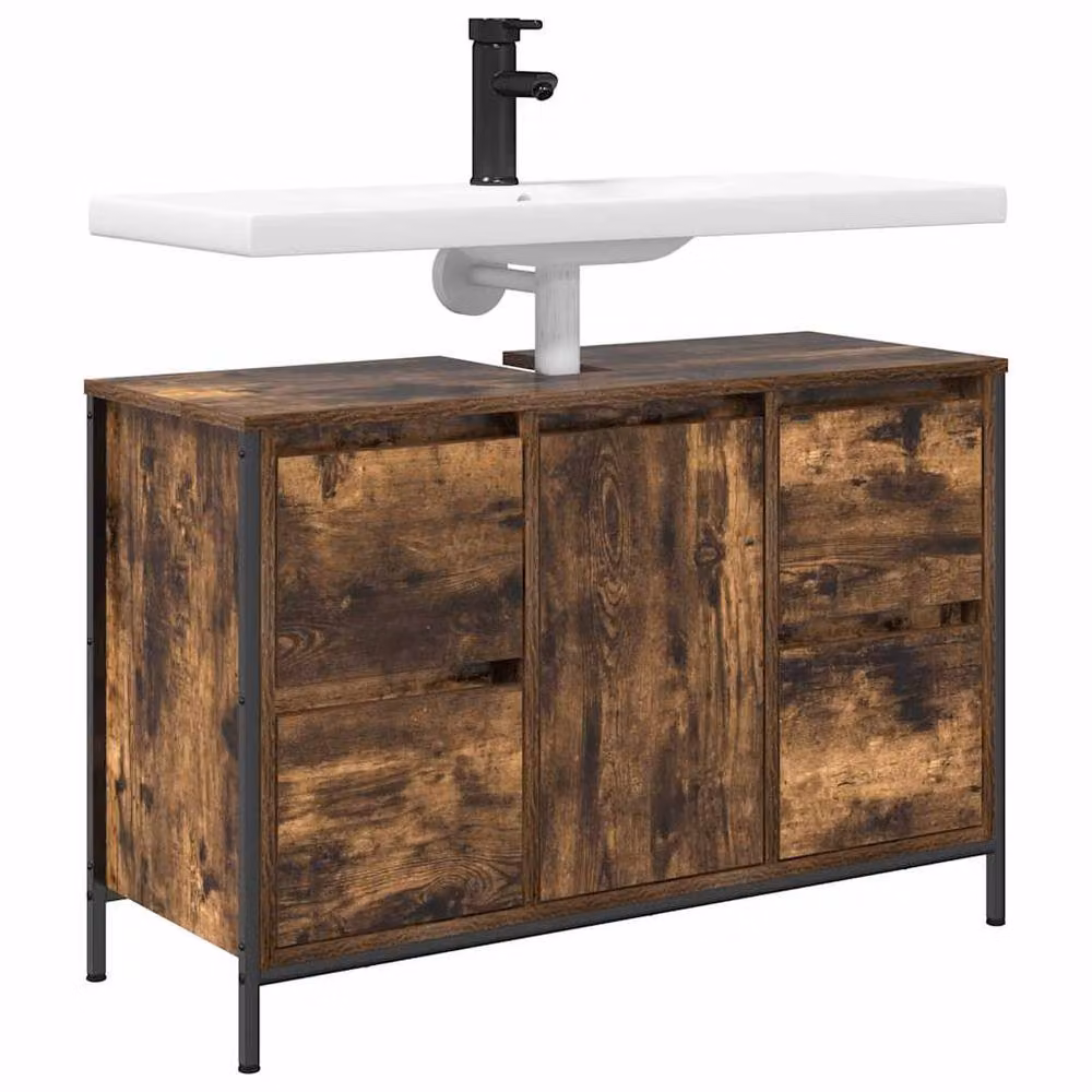Berkfield Home Basin Cabinet with Drawers in Smoked Oak Brown, W: 90 cm, D: 34.5 cm, H: 60 cm – 3