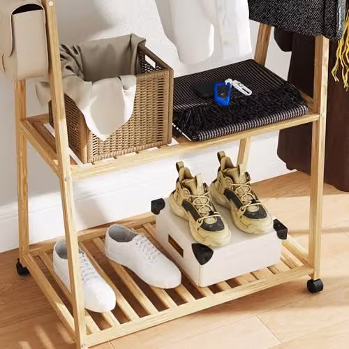 HOMCOM Bamboo Clothes Rail Rack with 2 Storage Shelves in Brown Wood Effect, H 158 x W 84.5 x D 43.5 cm – 6
