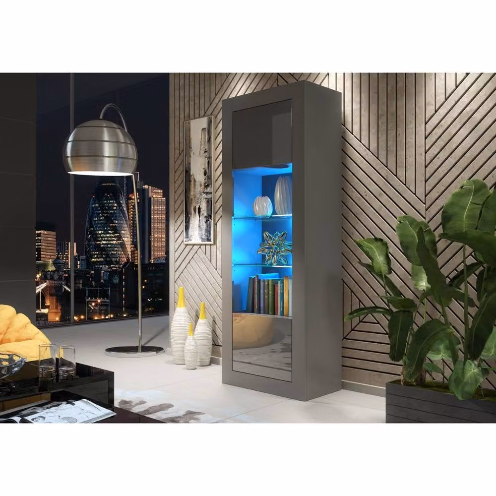 Mex Furniture LTD Illume Display Cabinet, Dark Grey Glossy Finish with LED Lighting and Glass Doors, H 170 cm x W 63 cm x D 35 cm – 2