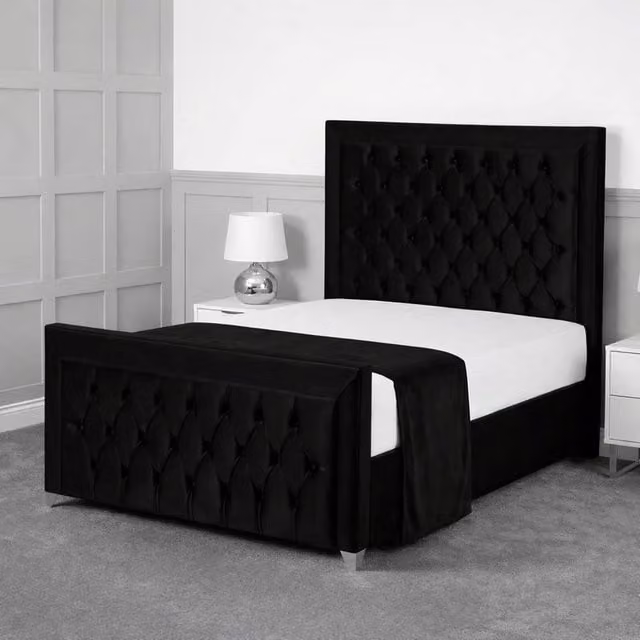 Living Comfort Bedz Ember Plush Velvet Upholstered Bed with Slatted Base and 48 Inch Headboard, Black, W/D/H: 140 x 200 cm – 1