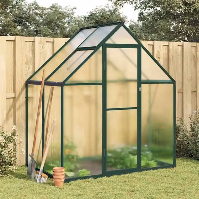 Berkfield Home Greenhouse with Base Frame in Green, Aluminium and Polycarbonate, W/D/H: 169 x 114 x 195 cm
