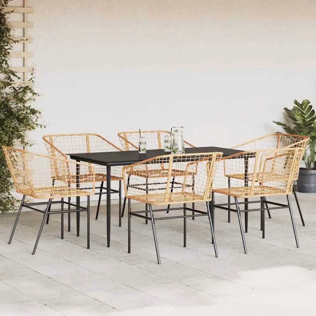 Berkfield Home 7 Piece Brown Poly Rattan Garden Dining Set with Glass Table – 2