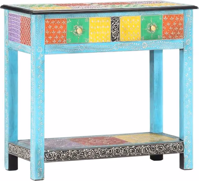Berkfield Home Hand Painted Floral Console Table in Multicolour Solid Mango Wood, W/D/H: 80 x 35 x 75 cm
