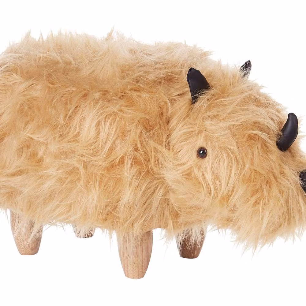 Wyld and Coco Rhino Kids Stool in Sand Beige Faux Fur with Rubberwood Legs, W/D/H: 36 x 37 x 37 cm – 2
