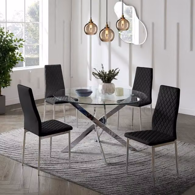 GRS Lyon Round Glass Dining Table with 4 Black Faux Leather Chairs and Silver Legs