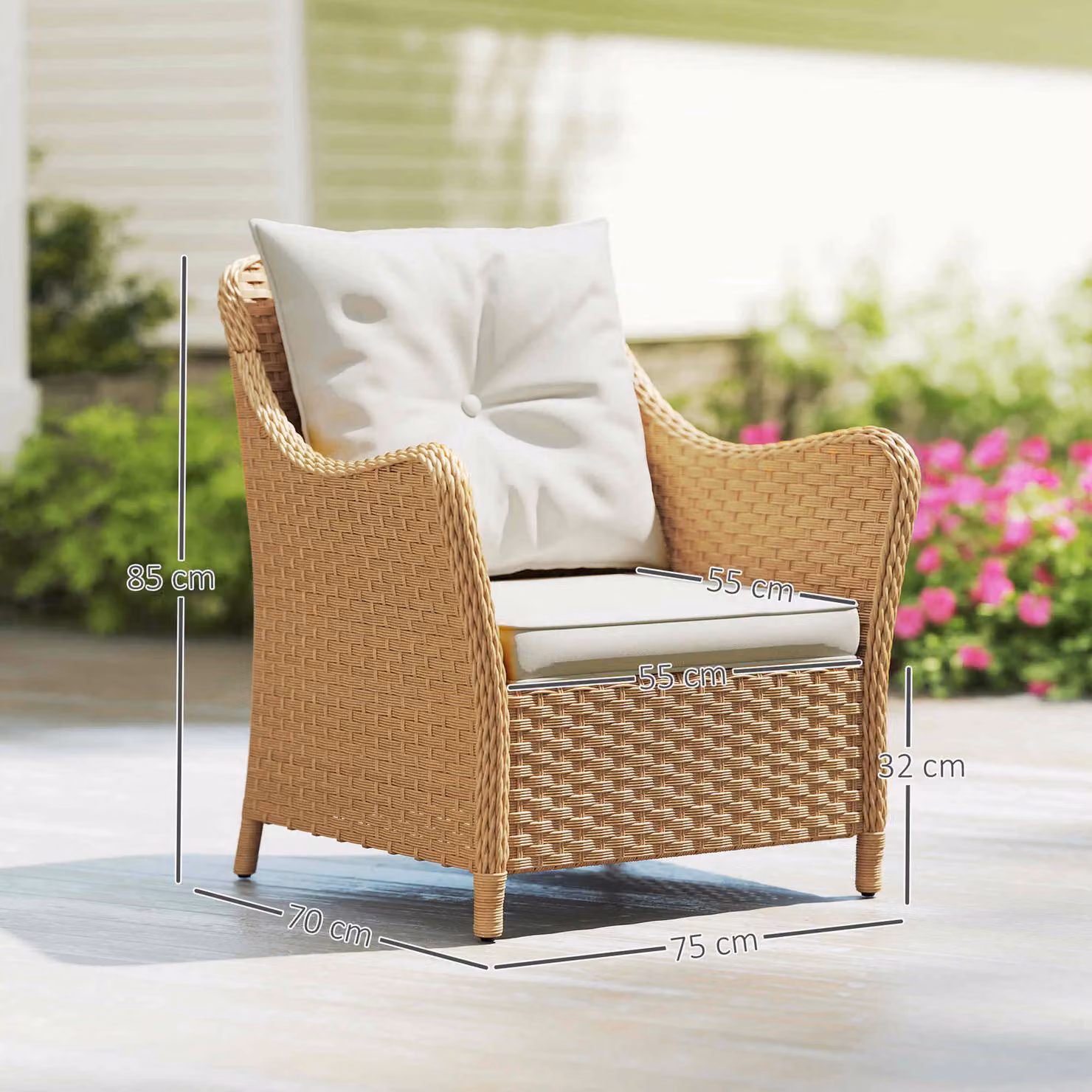 Outsunny Set of 2 Beige Rattan Garden Armchairs with Cushions and Steel Frame – 3