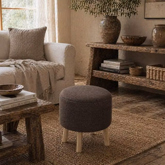 Wyld Haus Roli Round Storage Ottoman in Dark Brown Linen Look, W/D/H: 40 x 40 x 39 cm – 1