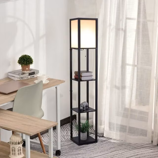 HOMCOM Modern 3 Tier Floor Lamp with Shelves in Black and White
