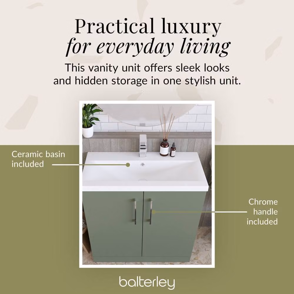 Balterley Contemporary Floor Standing Bathroom Vanity Unit with Mid-Edge Basin and 2 Soft-Close Doors, Satin Green, W: 80.0 cm, D: 39.0 cm, H: 84.0 cm – 3