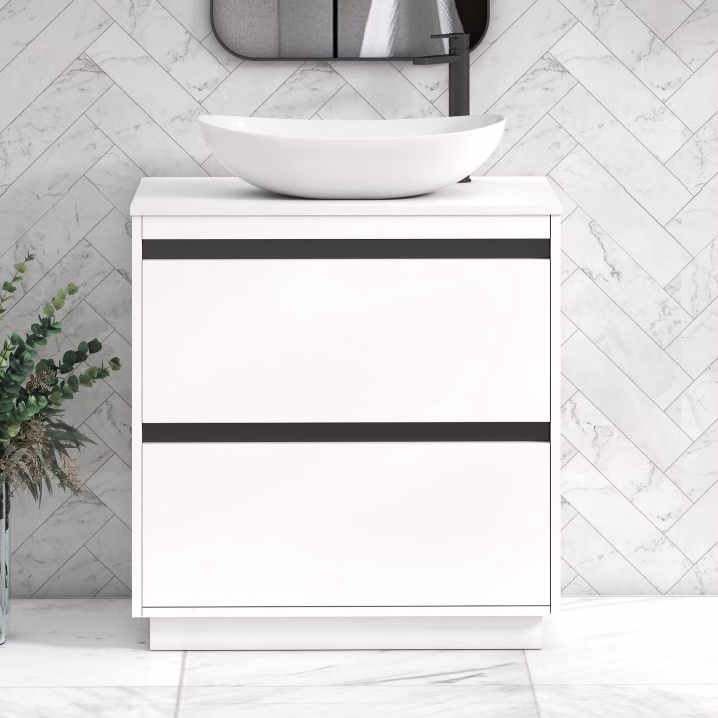 Royal Bathrooms Orion 800mm Matt White Floor Standing 2 Drawer Vanity Unit with Cesar Basin and Black Accent Trim