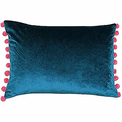 Riva Paoletti Fiesta Rectangular Filled Cushion in Blue and Pink with Pompom Edges, Faux Velvet Polyester Fabric, W: 50 cm, H: 35 cm