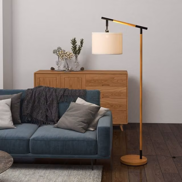 HOMCOM Modern Brown Floor Lamp with Adjustable Rotating Fabric Shade and LED Bulb