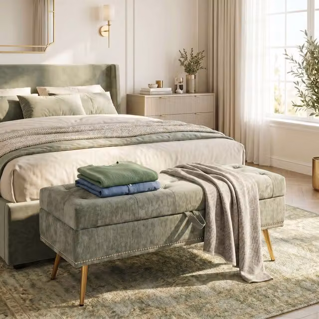 HOMCOM Chenille Upholstered Storage Ottoman in Light Green