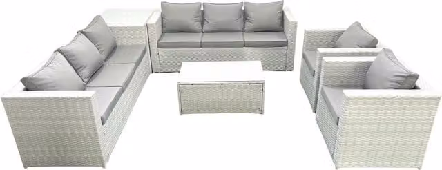 Fimous Modern L-Shape Outdoor Rattan Garden Furniture Set in Light Grey with Upholstered Cushions, Coffee Table and Side Table