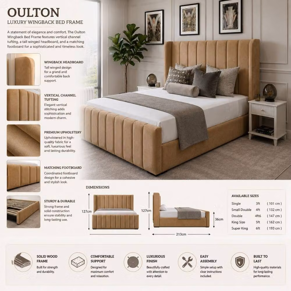 Stratus Interiors Oulton Premium Wingback Panelled Upholstered Bed Frame in Brown, Size: Double (W/D/H: 140 x 200 x 145 cm) – 3
