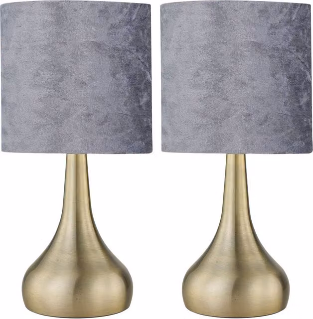 First Choice Lighting Romana Set of 2 Antique Brass Touch Table Lamps with Bronze and Grey Fabric Shades – 1