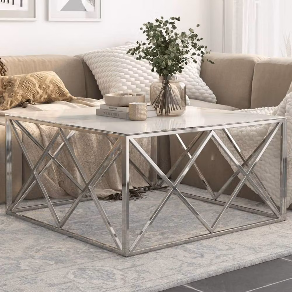 Berkfield Home Modern Square Coffee Table in Silver and White with Tempered Glass and X-Frame Metal Base – 2