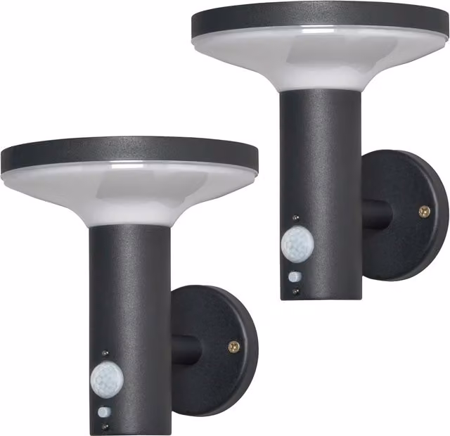 Litecraft Uris 2 Pack Solar LED Outdoor Wall Lights with PIR Motion Sensor in Black Aluminium