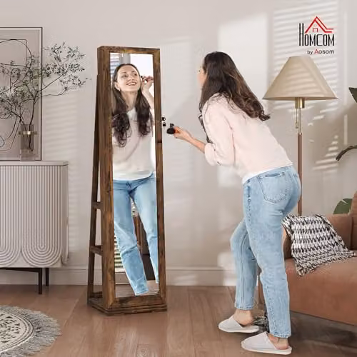 HOMCOM 360 Swivel Free Standing Jewellery Cabinet with Mirror in Rustic Brown, H 160 x W 38 x D 38 cm – 2