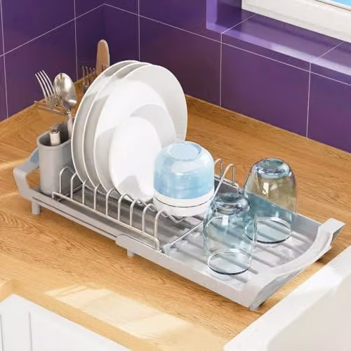 Spares2go Expandable Stainless Steel Dish Drainer with Cutlery Holder, Grey, W/D/H: 20.0 x 20.0 x 12.0 cm – 6