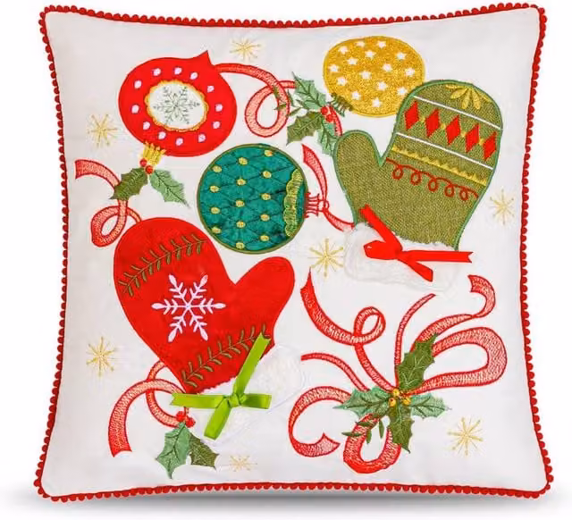 Luxury Living Embroidered Christmas Cushion in Cream with Mittens, Baubles and Bell, W/D/H: 45 x 45 x 45 cm – 1