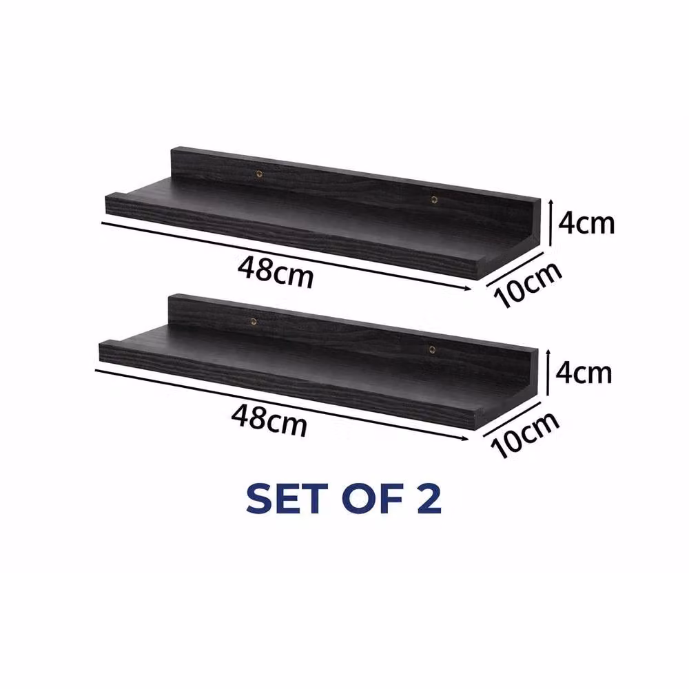 PAWNORA Set of 2 Modern Matt Black Wall Mounted MDF Shelves, Width: 48 cm – 2