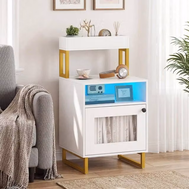 Kelvenix Freestanding Bedside Table in White with Integrated Lighting