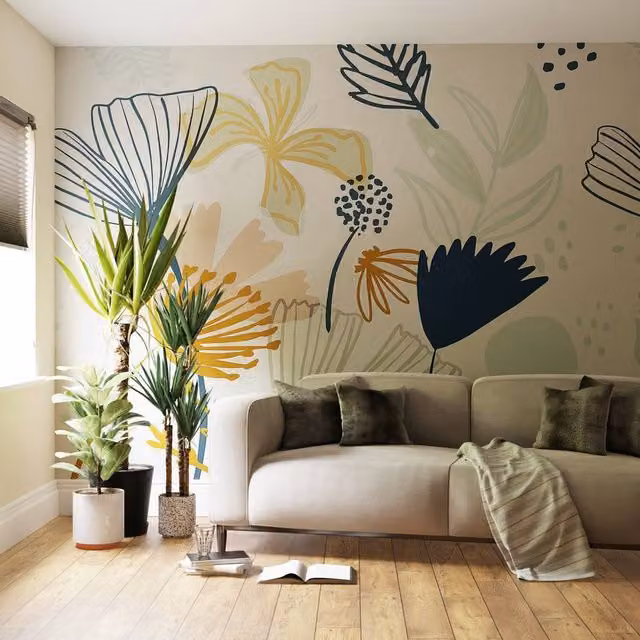 Superfresco Easy Scandi Floral Wall Mural in Pink, Blue and Multicolour, W: 300 cm, H: 280 cm