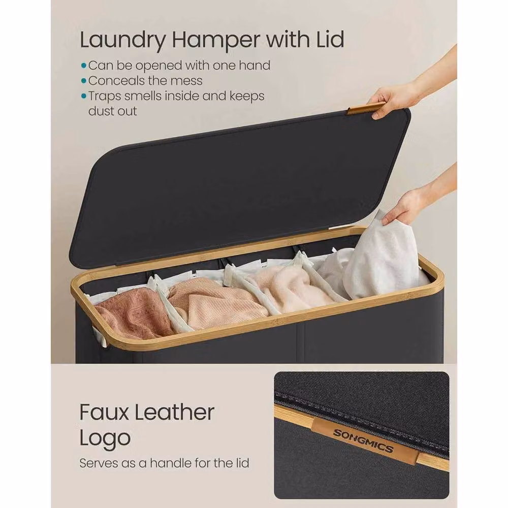 The Bazaarist 4 Compartment Laundry Hamper with Lid and Mesh Liners in Jet Black – 4