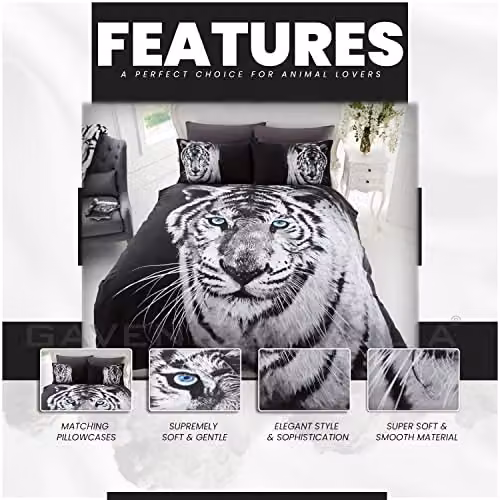 Gaveno Cavailia 3D Wildlife White Tiger Bed Set with Duvet Cover and Pillowcase, Multicolour, W: 180 cm x L: 200 cm – 2
