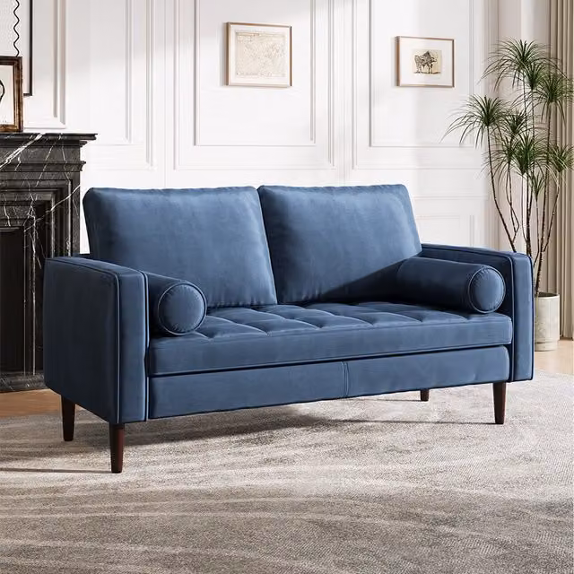 Komore Modern 2-Seat Navy Blue Velvet Upholstered Sofa with Scatter Cushions
