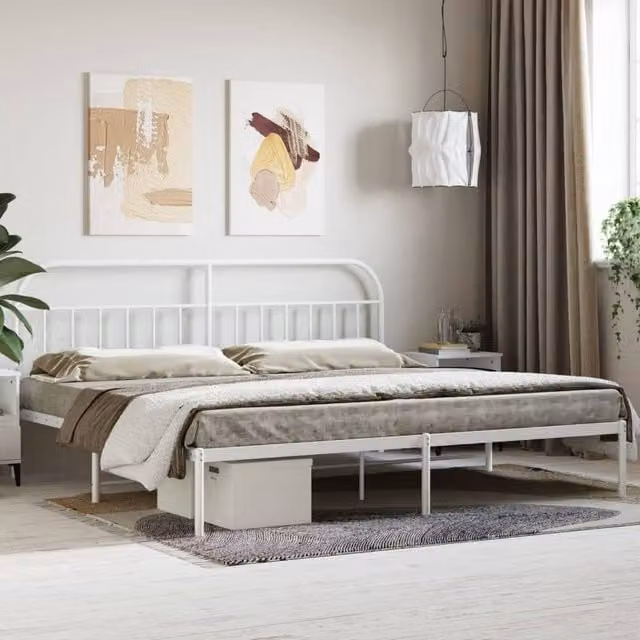 Berkfield Home Metal Bed Frame with Headboard in White, 200 x 200 cm