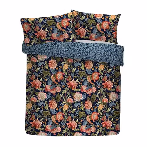 Dreams & Drapes Bejewelled Floral 100% Cotton Reversible Duvet Cover and Pillowcase Set in Blue, W/D/H: 260 x 220 x 200 cm
