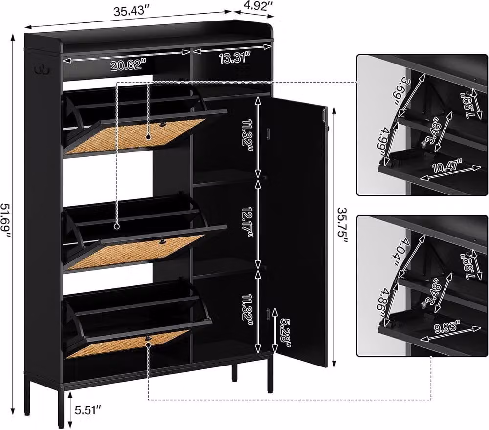 London Boutique Modern Black Shoe Cabinet with 3 Tilting Compartments and Open Shelf for Hallway or Bedroom Storage – 3