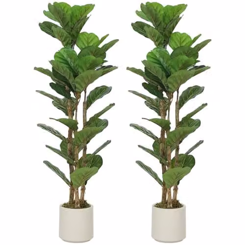 HOMCOM Set of 2 Artificial Fiddle Leaf Fig Trees, Green and White, Height: 120 cm – 1