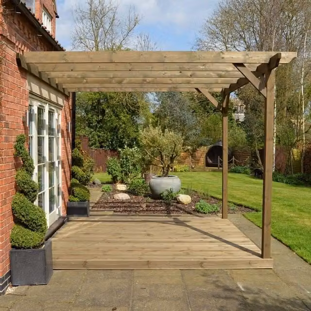 Rutland County Garden Furniture Ltd Wall Mounted Lean-to Garden Pergola and Decking Kit, Brown, W: 420 cm, L: 420 cm – 1