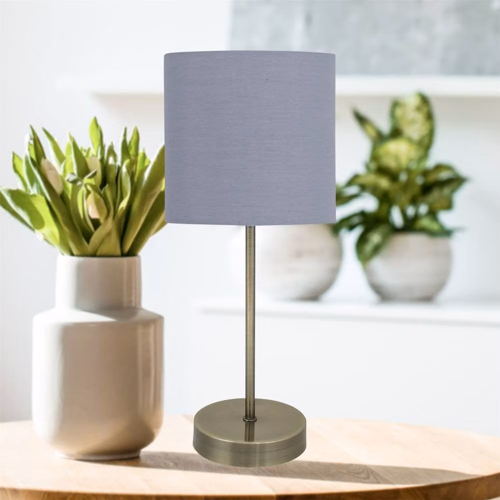 First Choice Lighting Set of 2 Antique Brass Stick Table Lamps with Grey Fabric Shades in Bronze – 3