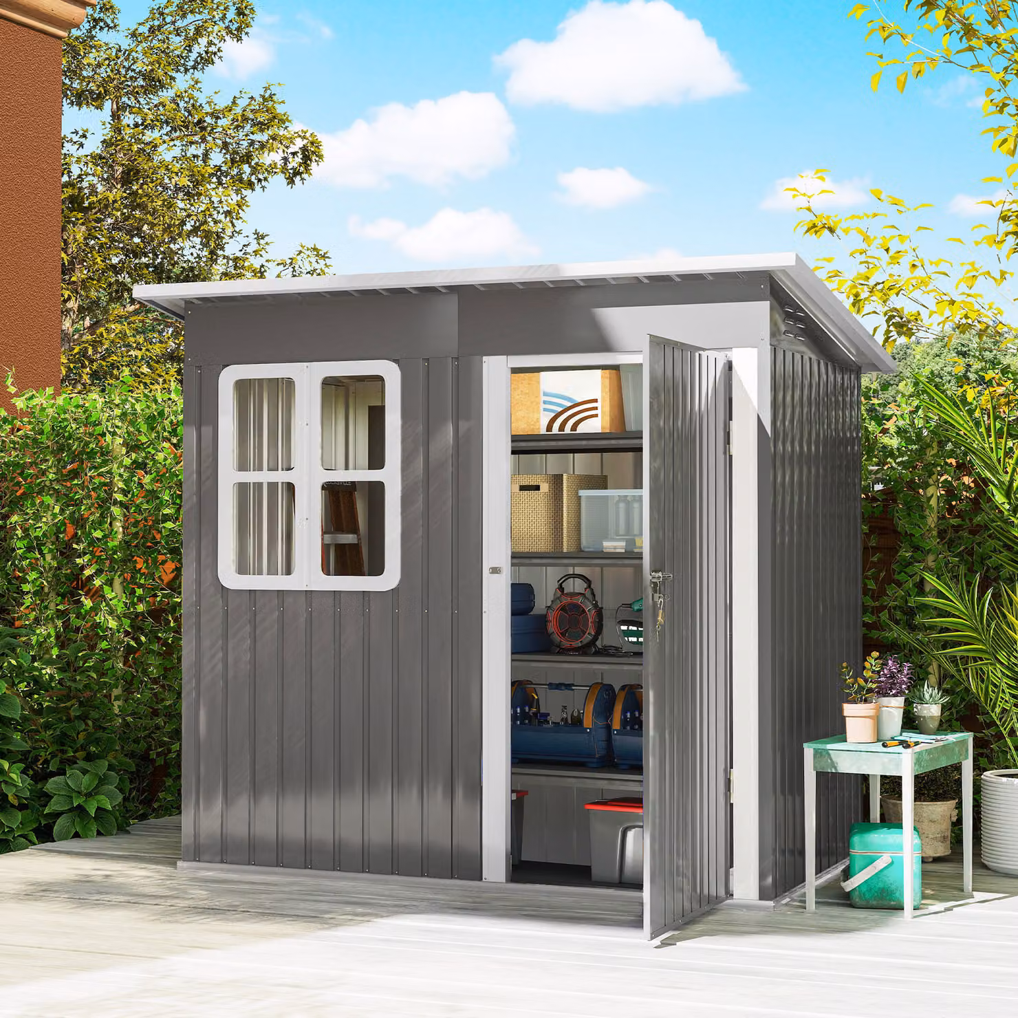 Outsunny Eco-friendly Pent Garden Storage Shed with Galvanised Steel Frame, Window and Lockable Single Door, Dark Grey, W: 213.36 cm, D: 121.92 cm, H: 190.5 cm – 2