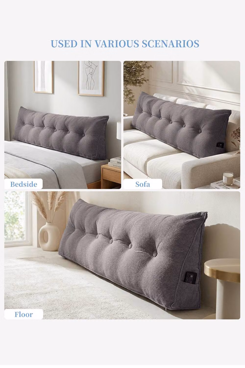 Garden Sanctuary Corduroy Wedge Headboard Pillow with Removable Cover in Dark Grey – 3