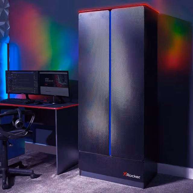 X Rocker CARBON-TEK 2 Door Wardrobe with Internal Drawer and Integrated LED Lights in Blue and Black